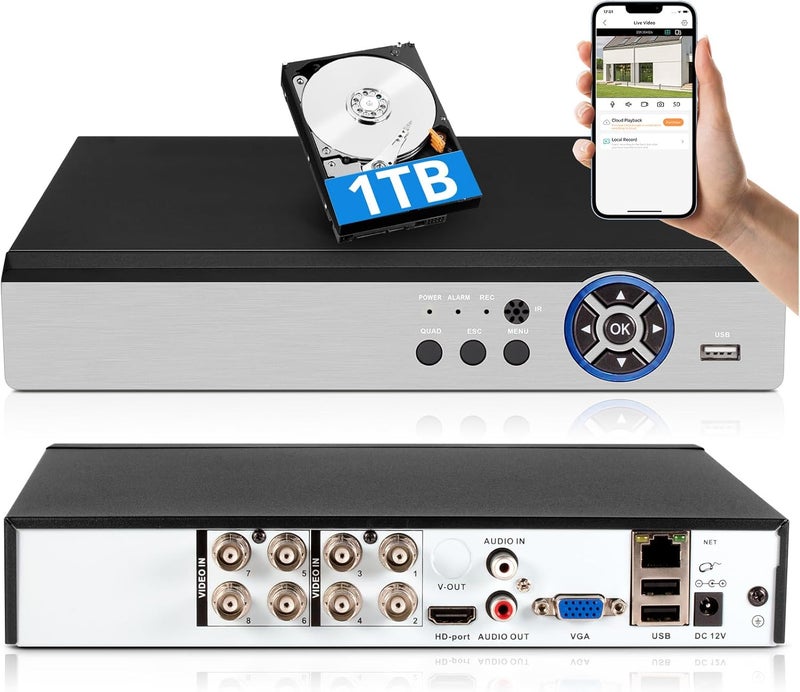 Fuers مسجل DVR أمان 8 قناة 5MP H.265+ مع كشف الإنسان بالذكاء الاصطناعي، 8CH هجين 6 في 1 CCTV DVR لكاميرات المراقبة، يدعم 8CH كاميرات تناظرية و IP، تطبيق موبايل و تحكم عن بعد عبر الكمبيوتر (قرص صلب 1TB) - Image 1